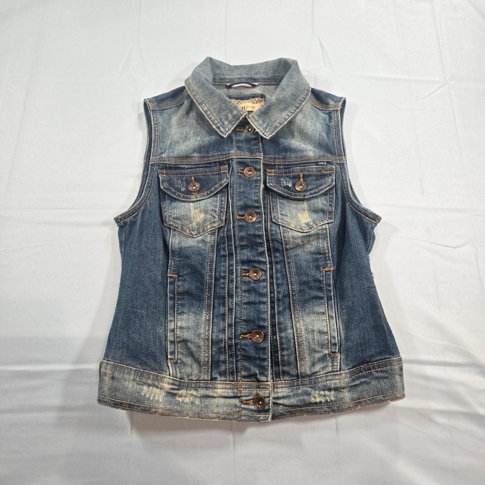 YMI Jeans Womens Medium Wash Distressed Denim Vest Sleeveless Jacket Size M